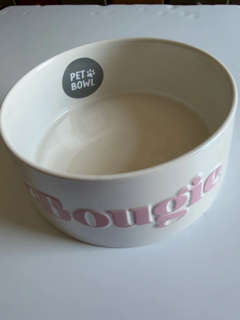 'Bougie'Pet Bowl Ceramic Dog Bowl with Pink 'Bougie' Lettering
